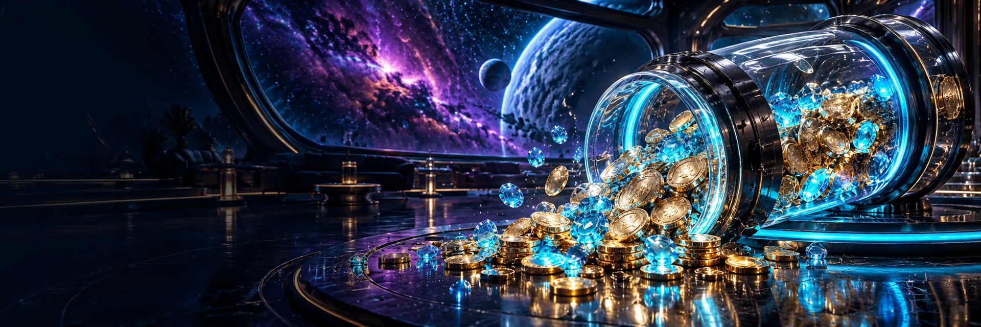 Illustration einer gläsernen Schatzkapsel mit Münzen in einer türkis-violetten Weltraumlounge